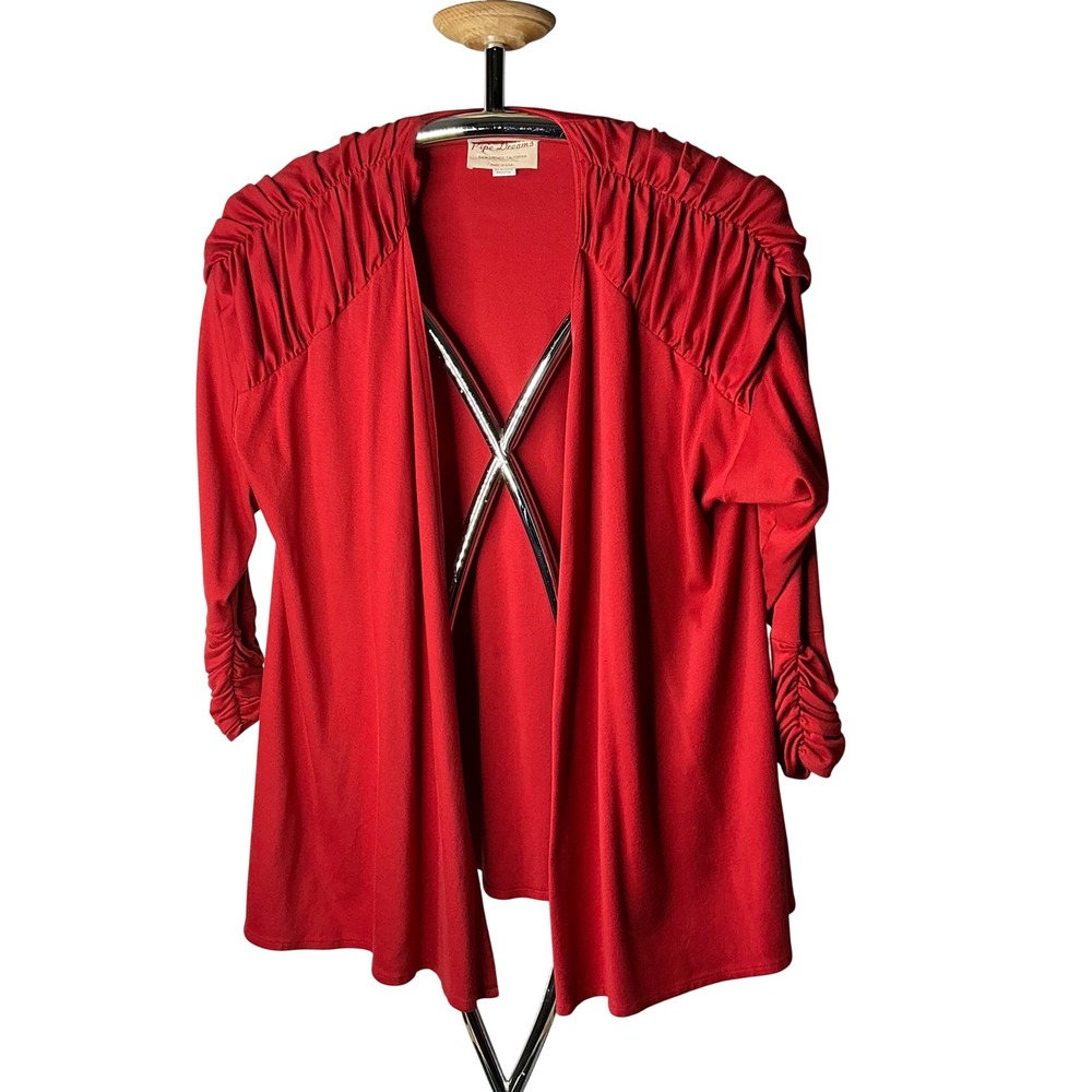 Vintage Pipe Dreams Red Ruched Shoulder Open Front Cardigan Made in USA Women L